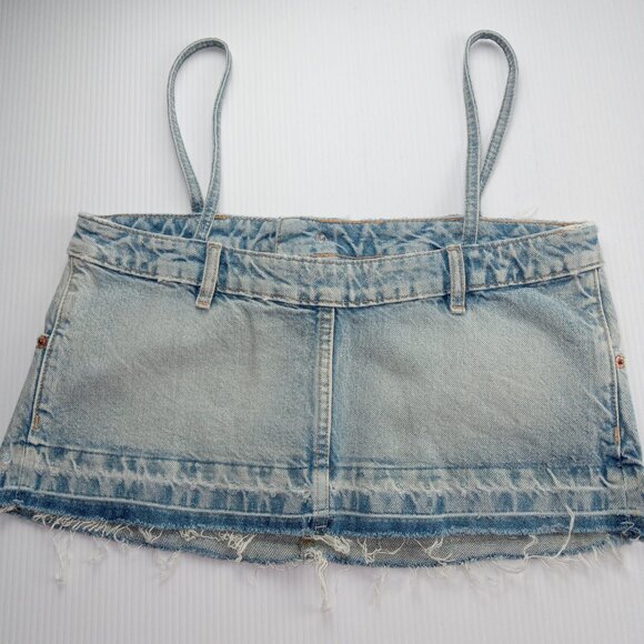 ZARA Women's Denim Crop Top Size Small Light Wash Blue Cotton Deconstructed Hem - Picture 3 of 5